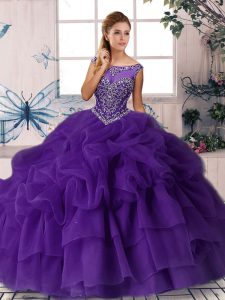 Edgy Brush Train Ball Gowns Quince Ball Gowns Purple Scoop Organza Sleeveless Zipper
