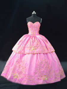 Noble Sweetheart Sleeveless Quinceanera Dresses Floor Length Embroidery Rose Pink Satin