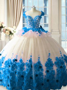  Sleeveless Tulle Brush Train Zipper Quince Ball Gowns in Blue And White with Hand Made Flower