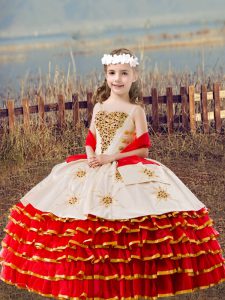  Straps Sleeveless Organza Girls Pageant Dresses Beading and Embroidery and Ruffled Layers Lace Up