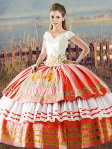  White And Red Ball Gowns Satin V-neck Sleeveless Embroidery and Ruffled Layers Floor Length Lace Up Quinceanera Dresses