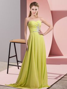 Most Popular Yellow Green Empire Sweetheart Sleeveless Chiffon Floor Length Lace Up Beading Prom Dresses