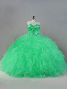  Sleeveless Tulle Floor Length Lace Up Quinceanera Dress in Apple Green with Beading