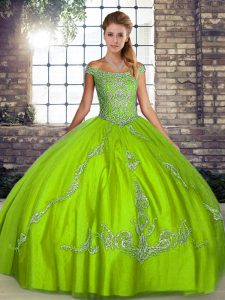 Eye-catching Green 15th Birthday Dress Military Ball and Sweet 16 and Quinceanera with Beading and Embroidery Off The Shoulder Sleeveless Lace Up