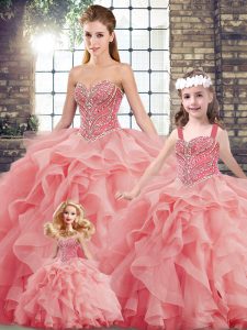  Tulle Sweetheart Sleeveless Brush Train Lace Up Beading and Ruffles Sweet 16 Quinceanera Dress in Watermelon Red