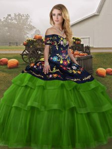 Attractive Green Lace Up Quinceanera Dress Embroidery and Ruffled Layers Sleeveless Brush Train