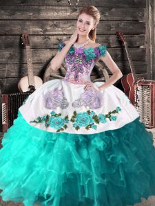  Aqua Blue Organza Lace Up Sweet 16 Quinceanera Dress Sleeveless Floor Length Embroidery