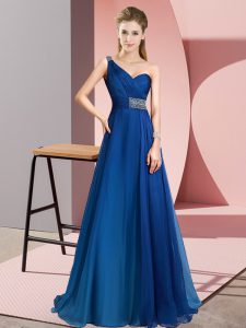 Trendy Blue Empire Chiffon One Shoulder Sleeveless Beading Criss Cross Prom Dresses Brush Train