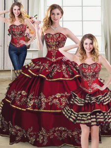  Wine Red Lace Up Vestidos de Quinceanera Embroidery and Ruffled Layers Sleeveless Floor Length