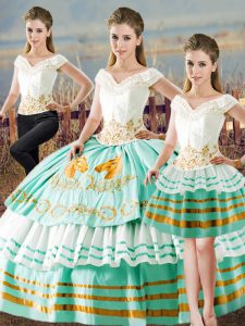  Satin V-neck Sleeveless Lace Up Embroidery and Ruffled Layers Quinceanera Gown in Apple Green