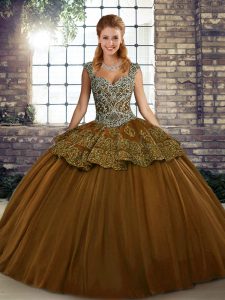 Lovely Brown Straps Neckline Beading and Appliques Sweet 16 Dress Sleeveless Lace Up