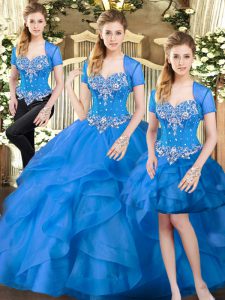 Exquisite Floor Length Lace Up Quinceanera Gowns Blue for Military Ball and Sweet 16 and Quinceanera with Beading and Ruffles