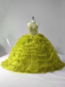  Olive Green Sleeveless Tulle Court Train Lace Up Quinceanera Gown for Sweet 16 and Quinceanera
