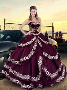 Traditional Satin Sweetheart Sleeveless Lace Up Embroidery and Ruffled Layers Quinceanera Gowns in Purple