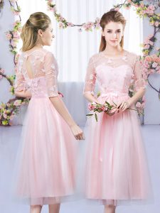 Customized Baby Pink Empire Lace and Belt Quinceanera Dama Dress Lace Up Tulle Half Sleeves Tea Length