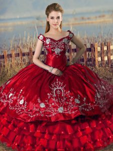 Fine Red Quinceanera Dress Sweet 16 and Quinceanera with Embroidery and Ruffled Layers Off The Shoulder Sleeveless Lace Up