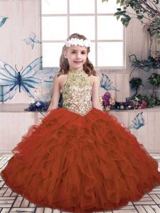 Custom Design Rust Red Sleeveless Floor Length Beading and Ruffles Lace Up Little Girls Pageant Dress