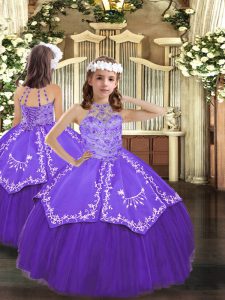  Tulle Halter Top Sleeveless Lace Up Beading and Embroidery Pageant Gowns For Girls in Purple