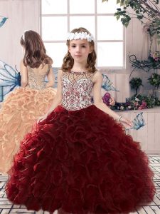  Burgundy Organza Lace Up Pageant Gowns For Girls Sleeveless Floor Length Beading and Ruffles