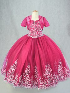  Sleeveless Tulle Floor Length Lace Up Pageant Gowns For Girls in Hot Pink with Beading and Embroidery