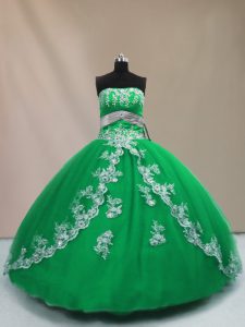 Glittering Green Tulle Lace Up Strapless Sleeveless Floor Length Quinceanera Gowns Appliques
