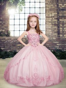  Lilac Ball Gowns Tulle Straps Sleeveless Beading Floor Length Lace Up Little Girl Pageant Gowns