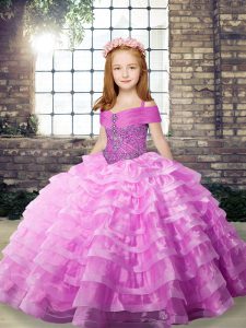  Straps Sleeveless Brush Train Lace Up Pageant Gowns For Girls Lilac Organza