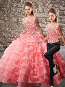  Sleeveless Organza Court Train Lace Up Quinceanera Dress in Watermelon Red with Beading and Ruffled Layers