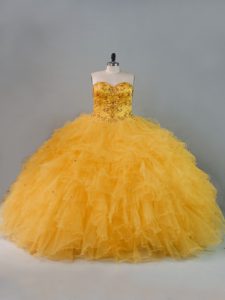  Tulle Sweetheart Sleeveless Lace Up Beading and Ruffles Quince Ball Gowns in Gold