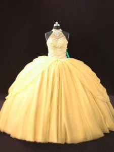 Noble Gold Ball Gowns Beading and Pick Ups Sweet 16 Quinceanera Dress Lace Up Tulle Sleeveless Floor Length
