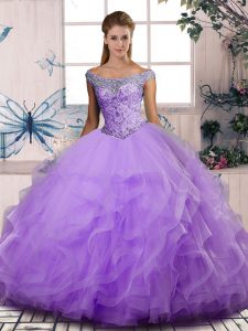 Affordable Lavender Off The Shoulder Neckline Beading and Ruffles Quinceanera Dresses Sleeveless Lace Up