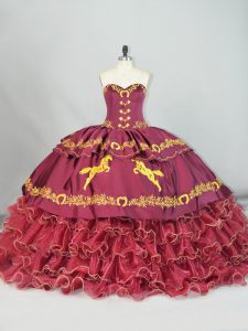 Superior Burgundy Ball Gown Prom Dress Sweetheart Sleeveless Brush Train Lace Up