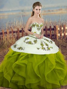 Modern Olive Green Ball Gowns Tulle Sweetheart Sleeveless Embroidery and Ruffles and Bowknot Floor Length Lace Up Quinceanera Gowns