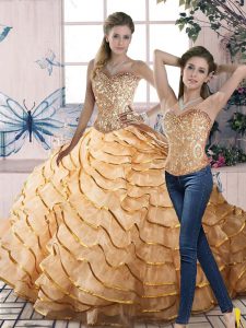 Graceful Brush Train Two Pieces 15th Birthday Dress Gold Sweetheart Organza Sleeveless Lace Up