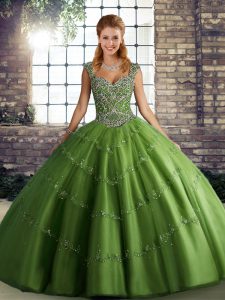  Straps Sleeveless Lace Up Quinceanera Dresses Green Tulle