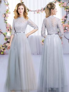  Grey Empire Lace and Belt Quinceanera Court of Honor Dress Zipper Tulle Half Sleeves Floor Length