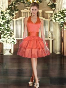 Chic Orange Red Tulle Lace Up Evening Dress Sleeveless Mini Length Ruffled Layers