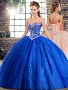  Lace Up Sweet 16 Dresses Blue for Military Ball and Sweet 16 and Quinceanera with Beading Brush Train