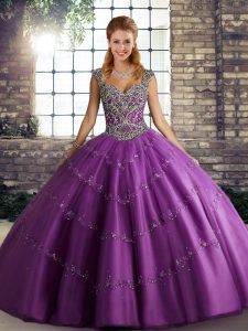 Super Purple Straps Neckline Beading and Appliques Sweet 16 Dress Sleeveless Lace Up