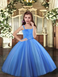  Ball Gowns Little Girl Pageant Gowns Blue and Yellow And White Straps Tulle Sleeveless Floor Length Lace Up