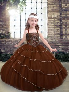  Sleeveless Floor Length Beading and Ruffled Layers Lace Up Little Girls Pageant Dress with Brown