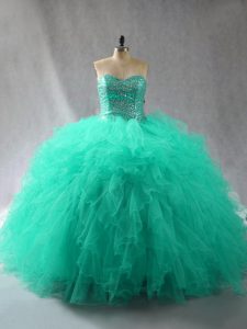  Turquoise Tulle Lace Up Quinceanera Gowns Sleeveless Floor Length Beading and Ruffles