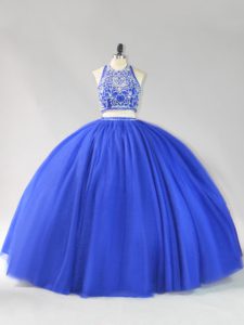 Custom Fit Sleeveless Floor Length Beading Backless Sweet 16 Quinceanera Dress with Royal Blue