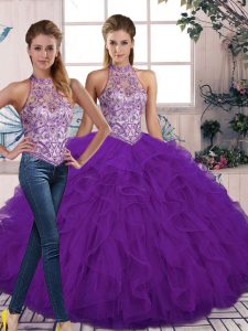 Fancy Floor Length Lace Up Quince Ball Gowns Purple for Military Ball and Sweet 16 and Quinceanera with Beading and Ruffles