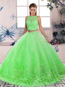  Green Two Pieces Scalloped Sleeveless Tulle Sweep Train Backless Lace Ball Gown Prom Dress