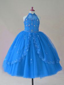 Luxurious Blue Tulle Lace Up Child Pageant Dress Sleeveless Floor Length Beading and Appliques