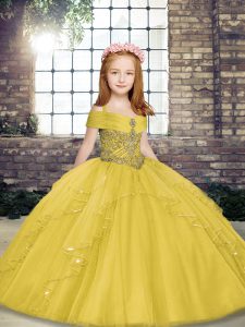 Elegant Sleeveless Floor Length Beading Lace Up Little Girl Pageant Gowns with Yellow