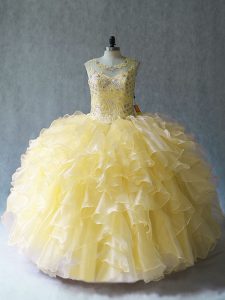 Discount Yellow Sleeveless Organza Lace Up Quinceanera Gowns for Sweet 16 and Quinceanera