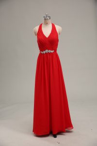 High Quality Floor Length Red Prom Dress Chiffon Sleeveless Beading and Ruching