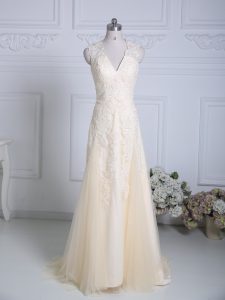  Champagne Homecoming Dress Tulle Brush Train Sleeveless Lace and Appliques